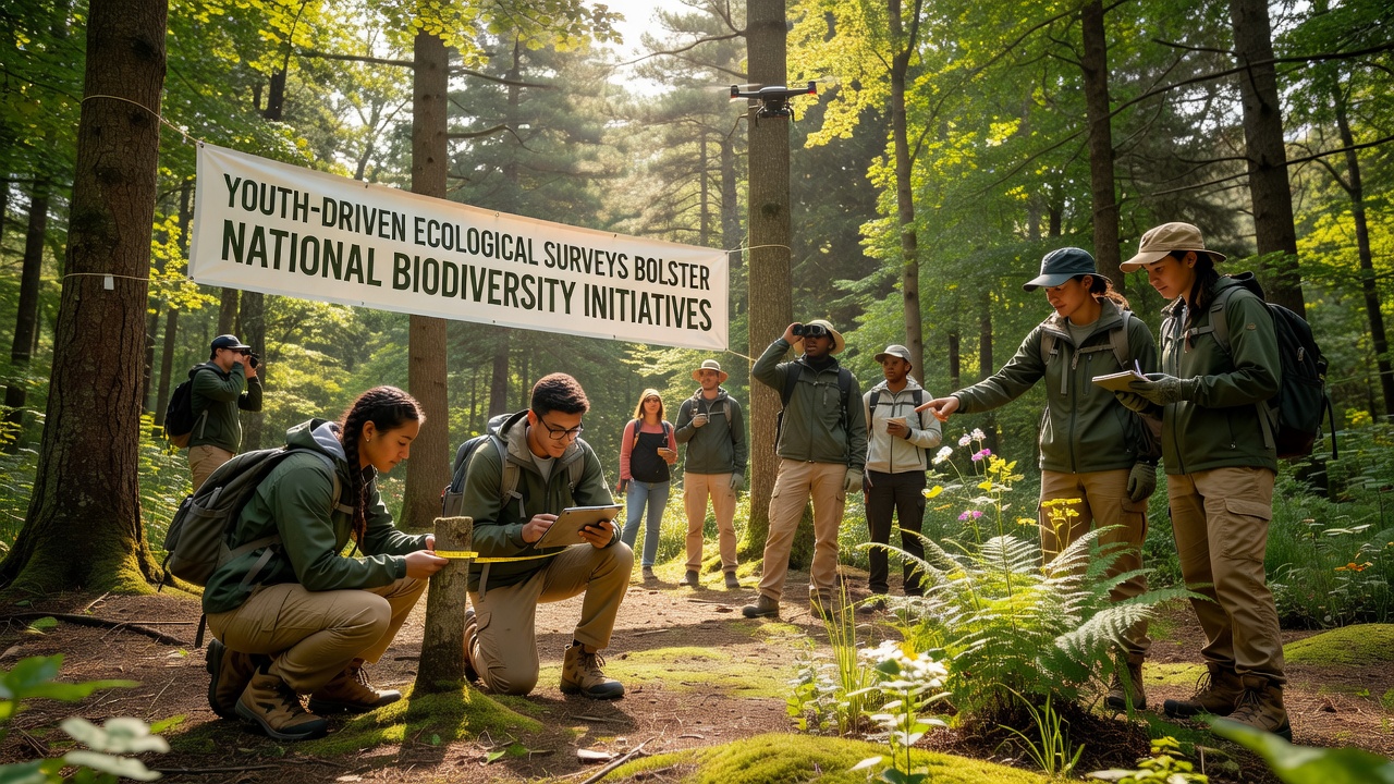 Group of young surveyors using tablets to log habitat measurements along a river corridor